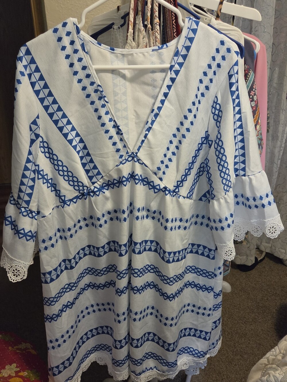 Boho Cover Up.      White V-Neck Tunic with Blue Tribal Print/Eyelet Trim PTP 22